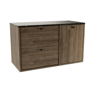 Waschtischunterschrank Belino 100 cm Walnuss Dunkel mit integriertem Wäschekorb, 60+40 cm Schränken und Marmor Schwarz-Oberplatte für modernes Badezimmer.