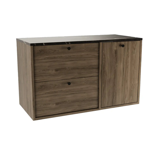 Waschtischunterschrank Belino 100 cm Walnuss Dunkel mit integriertem Wäschekorb, 60+40 cm Schränken und Marmor Schwarz-Oberplatte für modernes Badezimmer.
