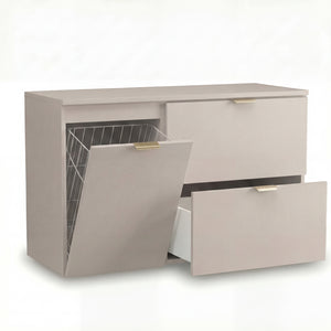 Waschtischunterschrank Orio 100 cm breit in Kaschmir – inkl. 60 cm Hauptschrank mit 2 Schubladen und 40 cm Seitenschrank mit integriertem Wäschekorb, glatte Fronten, wählbare Metallgriffe in Schwarz oder Gold, stilvoll und funktional für moderne Badezimmer.