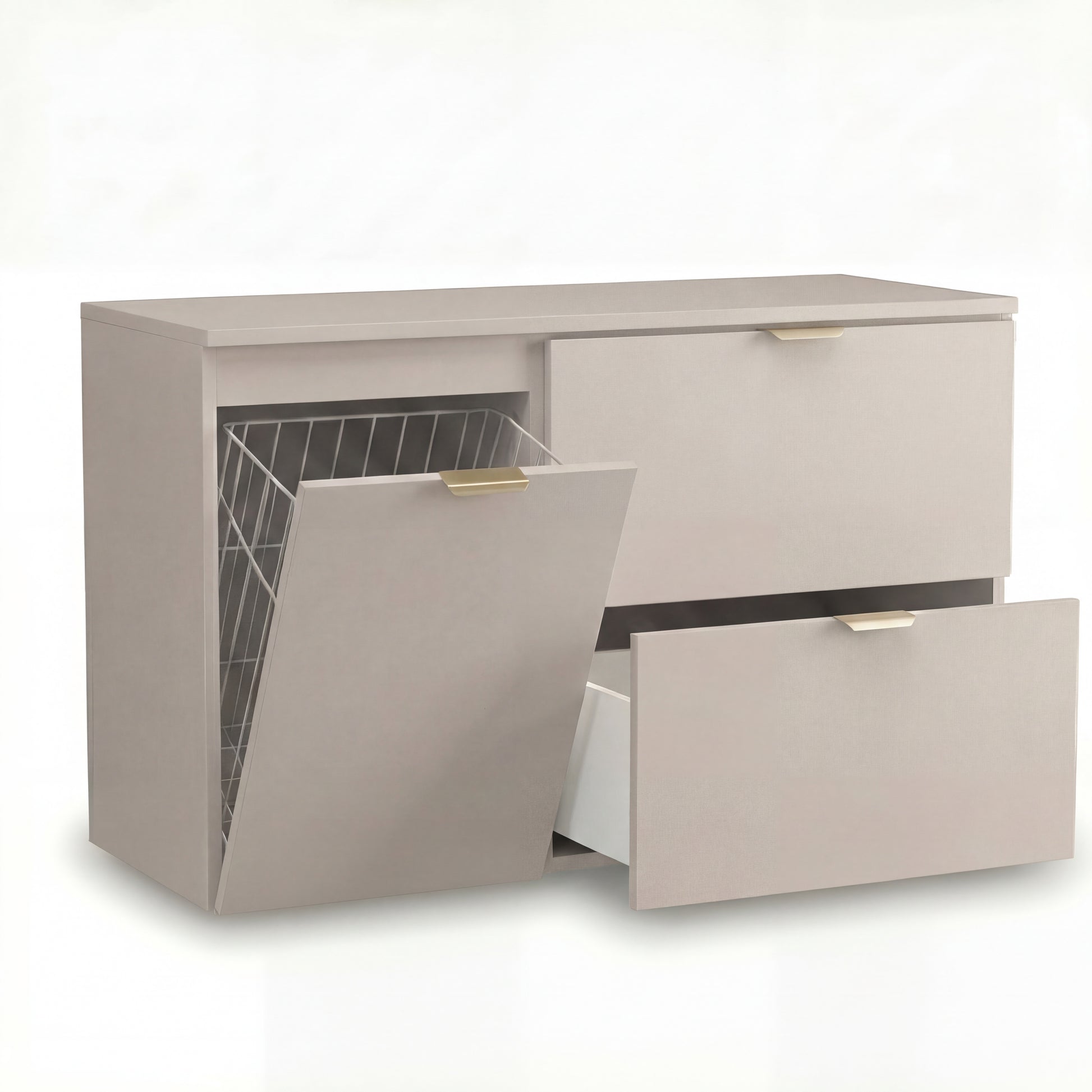 Waschtischunterschrank Orio 100 cm breit in Kaschmir – inkl. 60 cm Hauptschrank mit 2 Schubladen und 40 cm Seitenschrank mit integriertem Wäschekorb, glatte Fronten, wählbare Metallgriffe in Schwarz oder Gold, stilvoll und funktional für moderne Badezimmer.