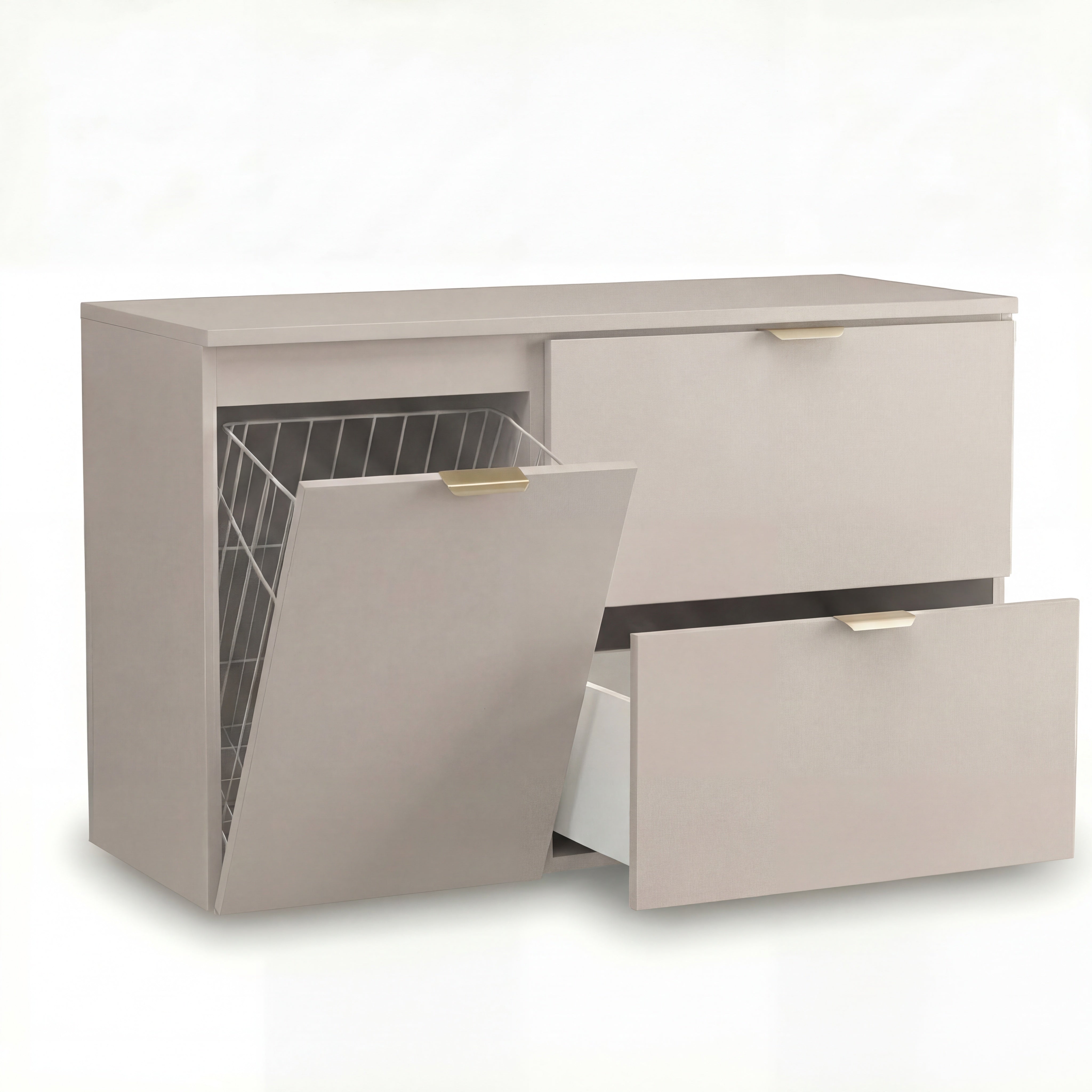 Waschtischunterschrank Orio 100 cm breit in Kaschmir – inkl. 60 cm Hauptschrank mit 2 Schubladen und 40 cm Seitenschrank mit integriertem Wäschekorb, glatte Fronten, wählbare Metallgriffe in Schwarz oder Gold, stilvoll und funktional für moderne Badezimmer.