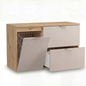 Waschtischunterschrank Orio 100 cm breit in Kaschmir mit Korpus und Abdeckplatte in Eiche Artisan – inkl. 60 cm Hauptschrank mit 2 Schubladen und 40 cm Seitenschrank mit integriertem Wäschekorb, wählbare Metallgriffe in Schwarz oder Gold, stilvoll, funktional und wohnlich für moderne Badezimmer.