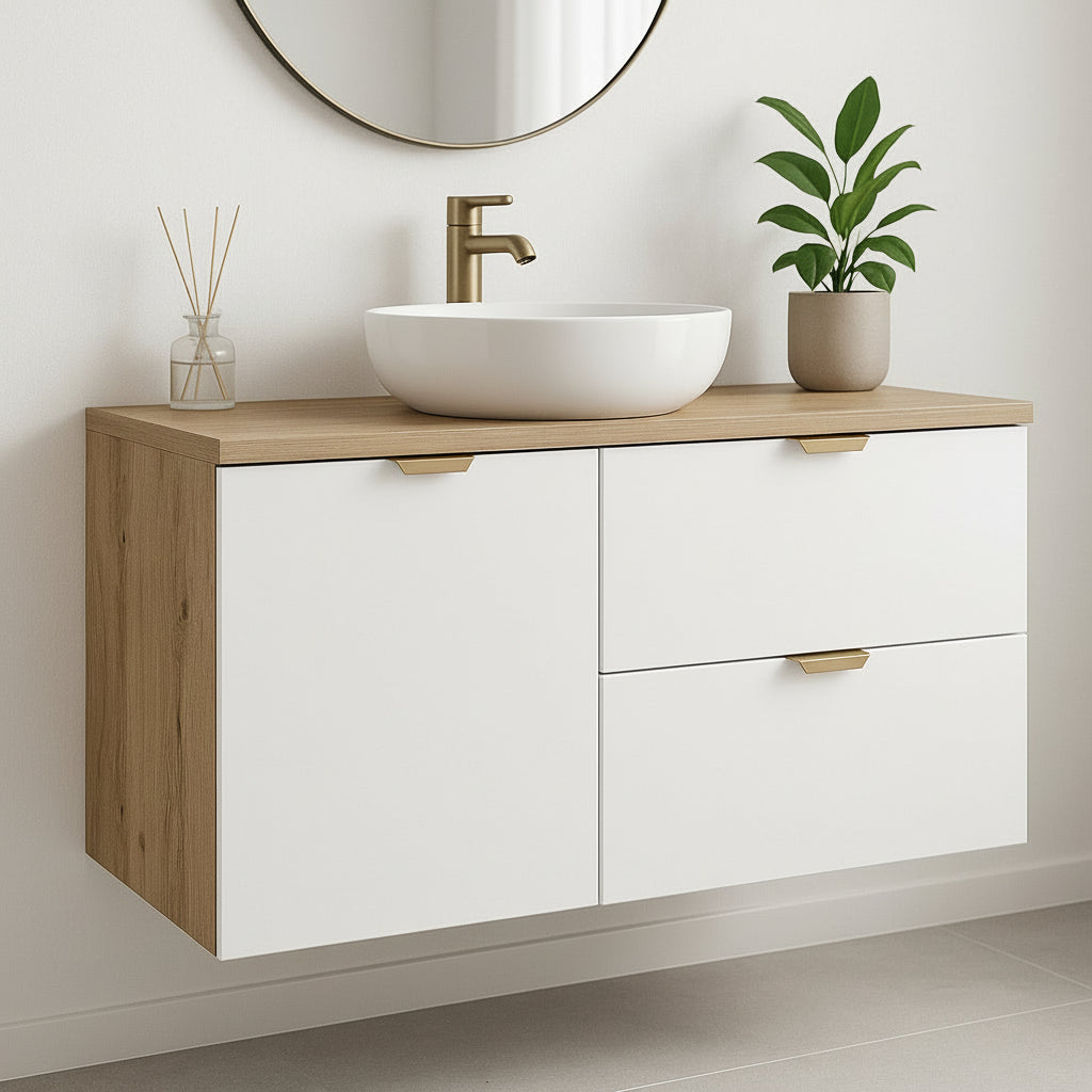 Waschtischunterschrank Orio 100 cm mit integriertem Wäschekorb, weißen Fronten und Korpus in Eiche Artisan, modernes Badezimmermöbel.