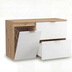 Waschtischunterschrank Orio 100 cm in Weiß/Eiche Artisan – wandhängender Unterschrank mit integriertem Wäschekorb, zwei geräumige Schubladen (obere mit Siphonausschnitt), Soft-Close-System, glatte Fronten, praktische Aufteilung für stilvolle und funktionale Badezimmer.