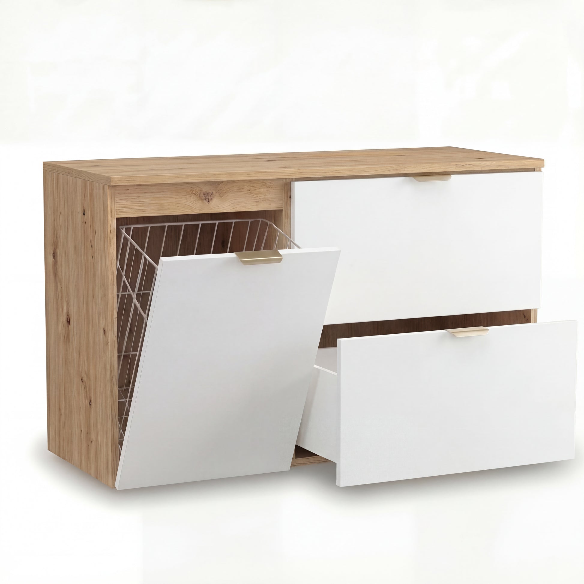 Waschtischunterschrank Orio 100 cm in Weiß/Eiche Artisan – wandhängender Unterschrank mit integriertem Wäschekorb, zwei geräumige Schubladen (obere mit Siphonausschnitt), Soft-Close-System, glatte Fronten, praktische Aufteilung für stilvolle und funktionale Badezimmer.
