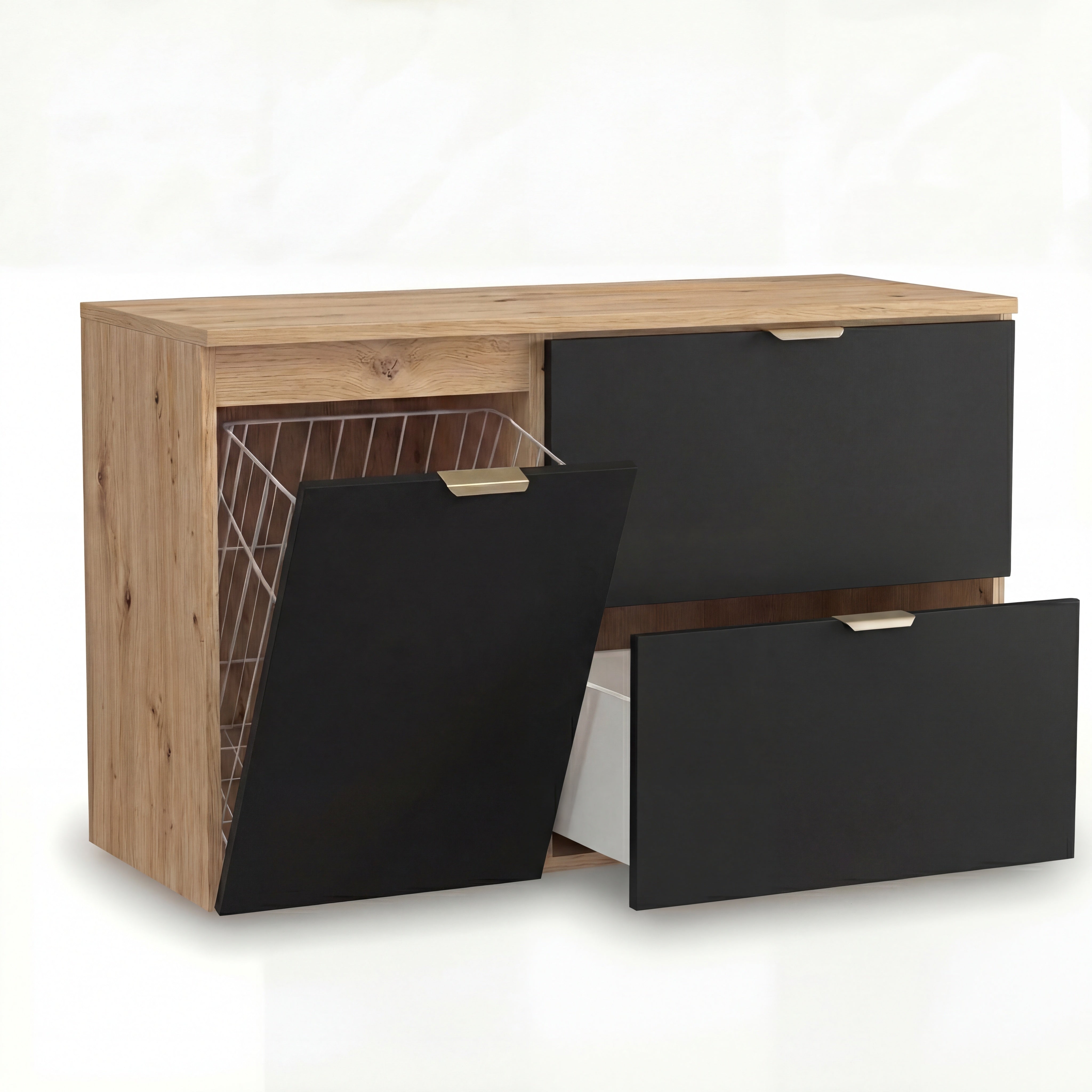 Waschtischunterschrank Orio 100 cm in Schwarz/Eiche Artisan – wandhängender Unterschrank mit integriertem Wäschekorb, Soft-Close-System, obere Schublade mit Siphonausschnitt, glatte Fronten, Metallgriffe in gebürstetem Gold, ideal für stilvolle und funktionale Badezimmer.