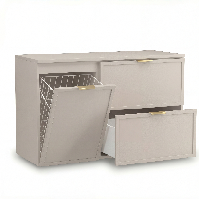 Waschtischunterschrank 100 cm Roma Kaschmir mit Schubladen, Wäschekorb und Soft-Close-System für Badezimmer.
