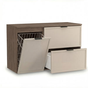 Waschtischunterschrank 100 cm Roma Kaschmir/Dunkle Walnuss mit Schubladen und Wäschekorb. Praktisch, elegant und ideal fürs Badezimmer.