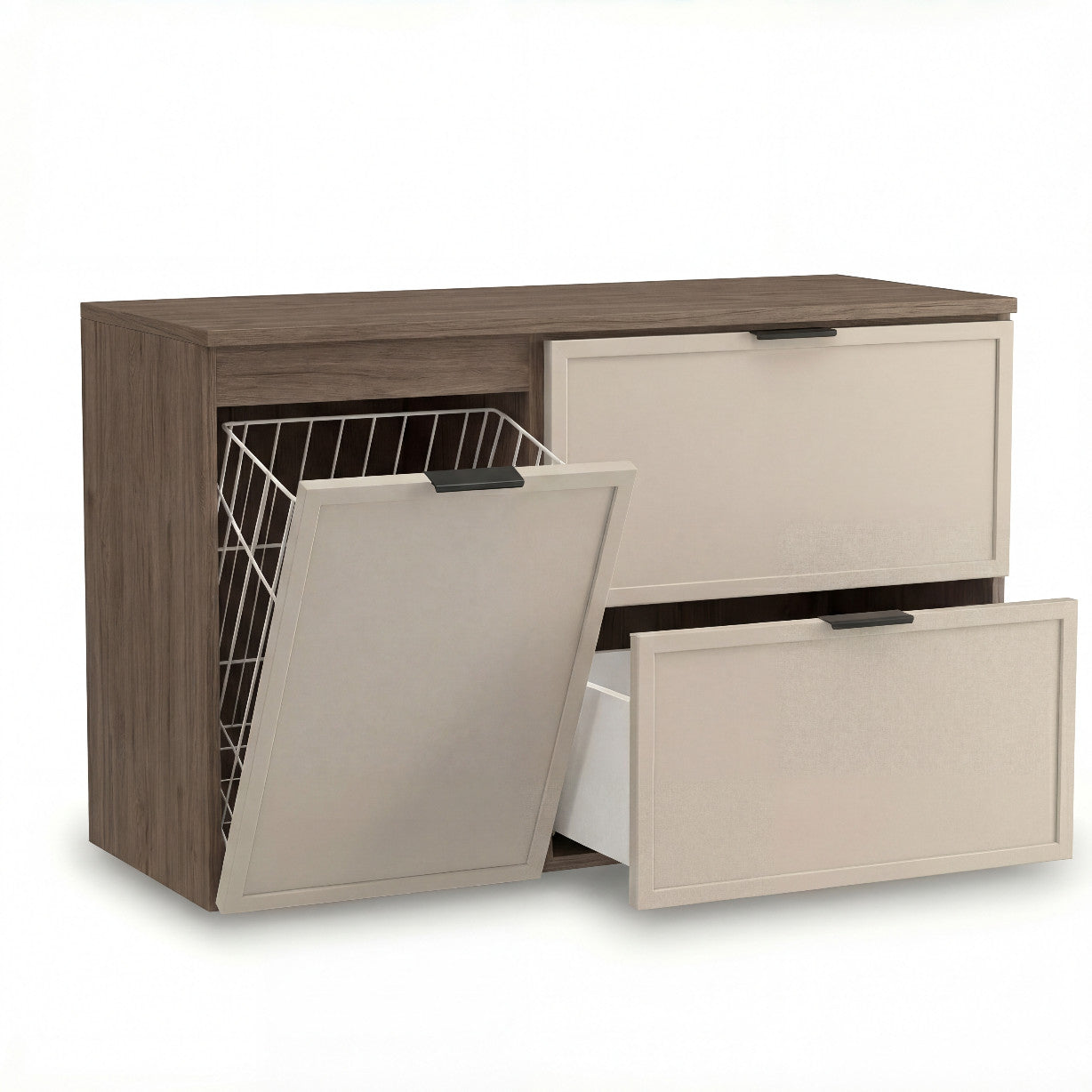 Waschtischunterschrank 100 cm Roma Kaschmir/Dunkle Walnuss mit Schubladen und Wäschekorb. Praktisch, elegant und ideal fürs Badezimmer.