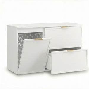 Waschtischunterschrank 100 cm Roma Weiß mit Schubladen, Wäschekorb, Soft-Close und MDF-Fronten für Badezimmer