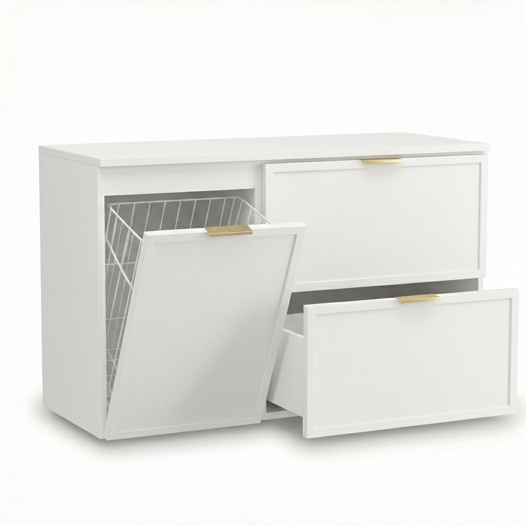 Waschtischunterschrank 100 cm Roma Weiß mit Schubladen, Wäschekorb, Soft-Close und MDF-Fronten für Badezimmer