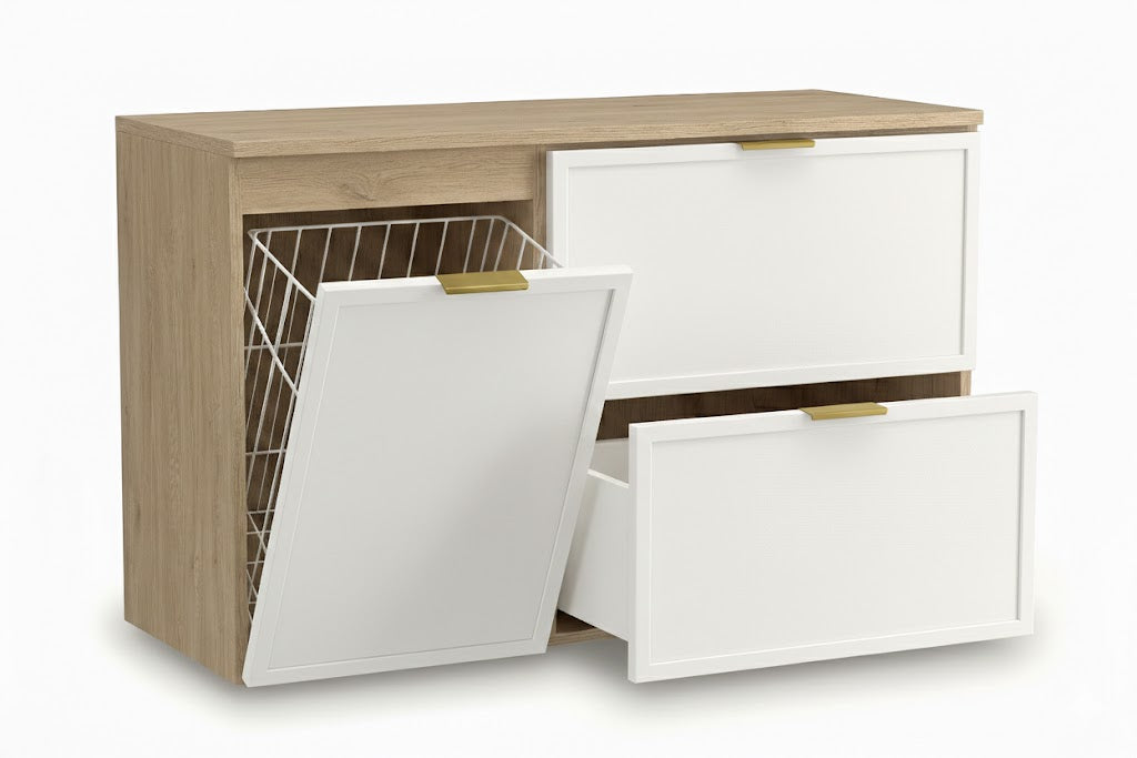Waschtischunterschrank 100 cm Roma Weiß/Eiche Cremona mit Schubladen, Wäschekorb, Soft-Close-System und MDF-Fronten für Badezimmer