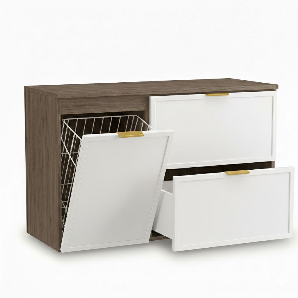 Waschtischunterschrank 100 cm Roma Weiß/Dunkel Walnuss mit Schubladen, Wäschekorb und Soft-Close-System für Badezimmer