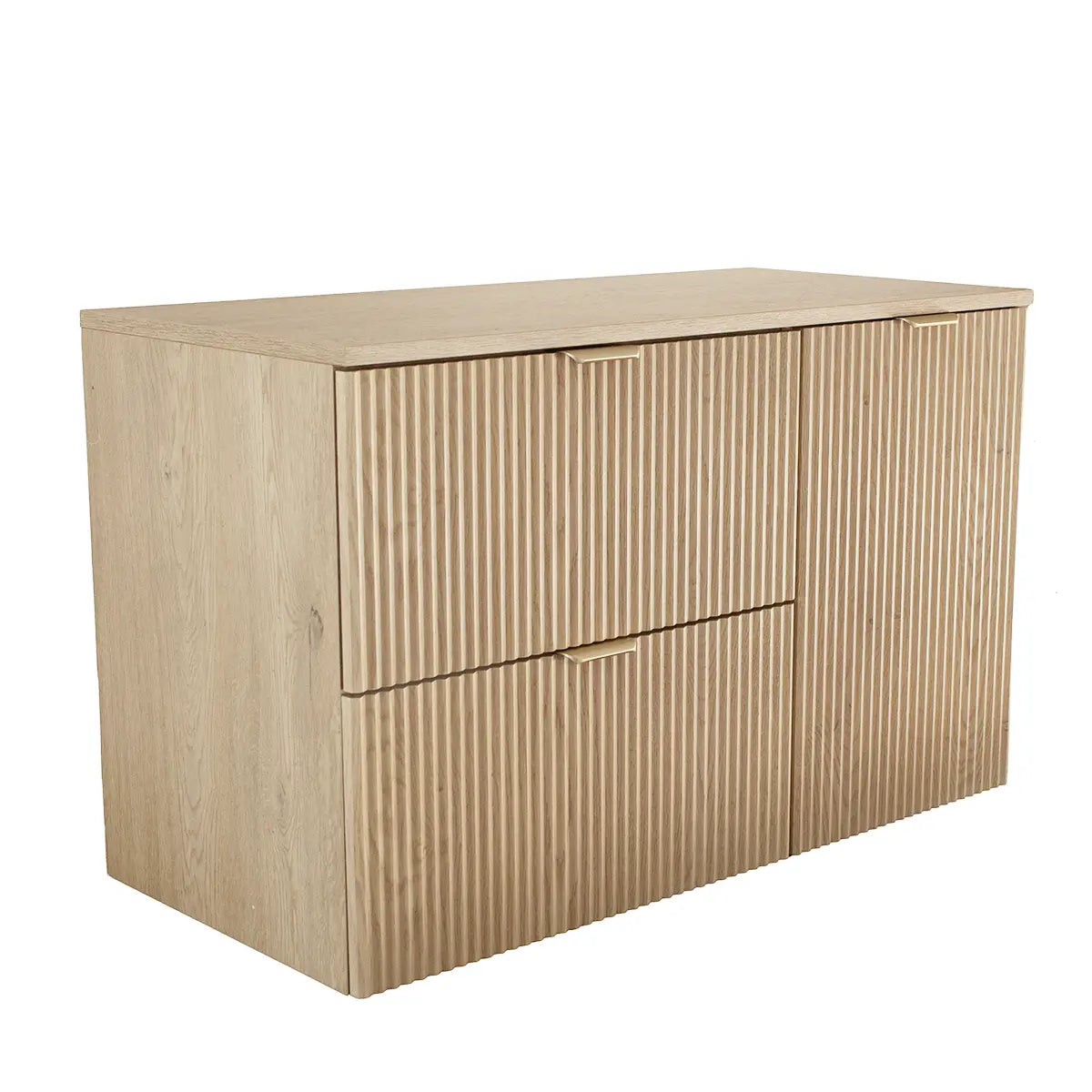 Waschtischunterschrank 100 cm Willy in Eiche Cremona mit geriffelten Fronten, zwei Soft-Close-Schubladen, Tür mit integriertem Wäschekorb und Metallgriffen.