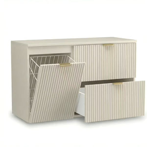Waschtischunterschrank 100 cm Willy Kaschmir mit 2 Schubladen und Wäschekorb, MDF-Fronten, Laminatkorpus, Metallgriffe, ryflowane Fronten, praktische Badezimmerlösung.