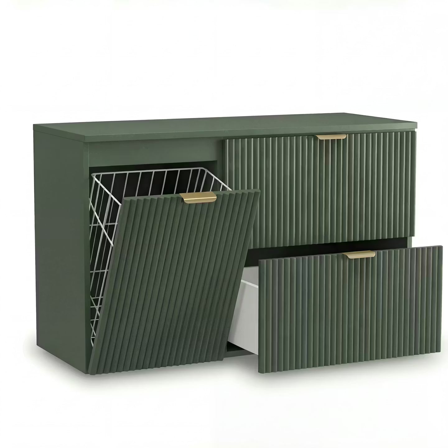 Waschtischunterschrank 100 cm Willy in Salbei mit Wäschekorb, 2 SOFT-CLOSE Schubladen, ryflowane MDF-Fronten, goldene Metallgriffe und 100 cm Ablageplatte für Badezimmer.