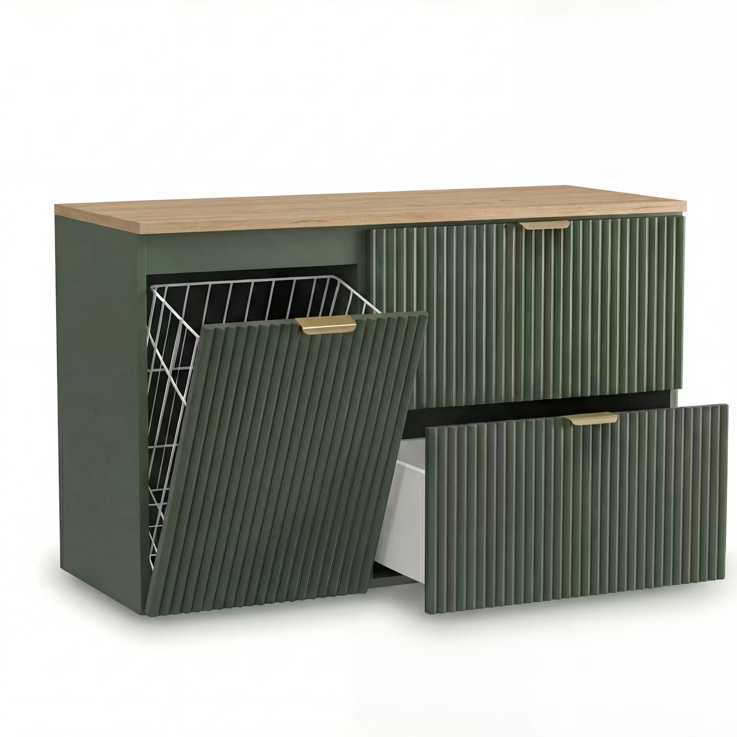 Waschtischunterschrank Willy 100 cm in Salbei mit Walnussplatte, 60 cm Schrank mit 2 SOFT-CLOSE Schubladen, 40 cm Schrank mit integriertem Wäschekorb, geriffelte Fronten und goldene Metallgriffe für stilvolles Badezimmer.