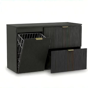 Waschtischunterschrank 100 cm Willy – Schwarz mit Wäschekorb, 60 cm Schrank mit 2 Soft-Close-Schubladen, 40 cm Schrank mit integriertem Wäschekorb, geriffelte Fronten, goldene Metallgriffe, Korpus und Platte aus laminierter Spanplatte 18 mm, eleganter Stauraum für modernes Badezimmer.