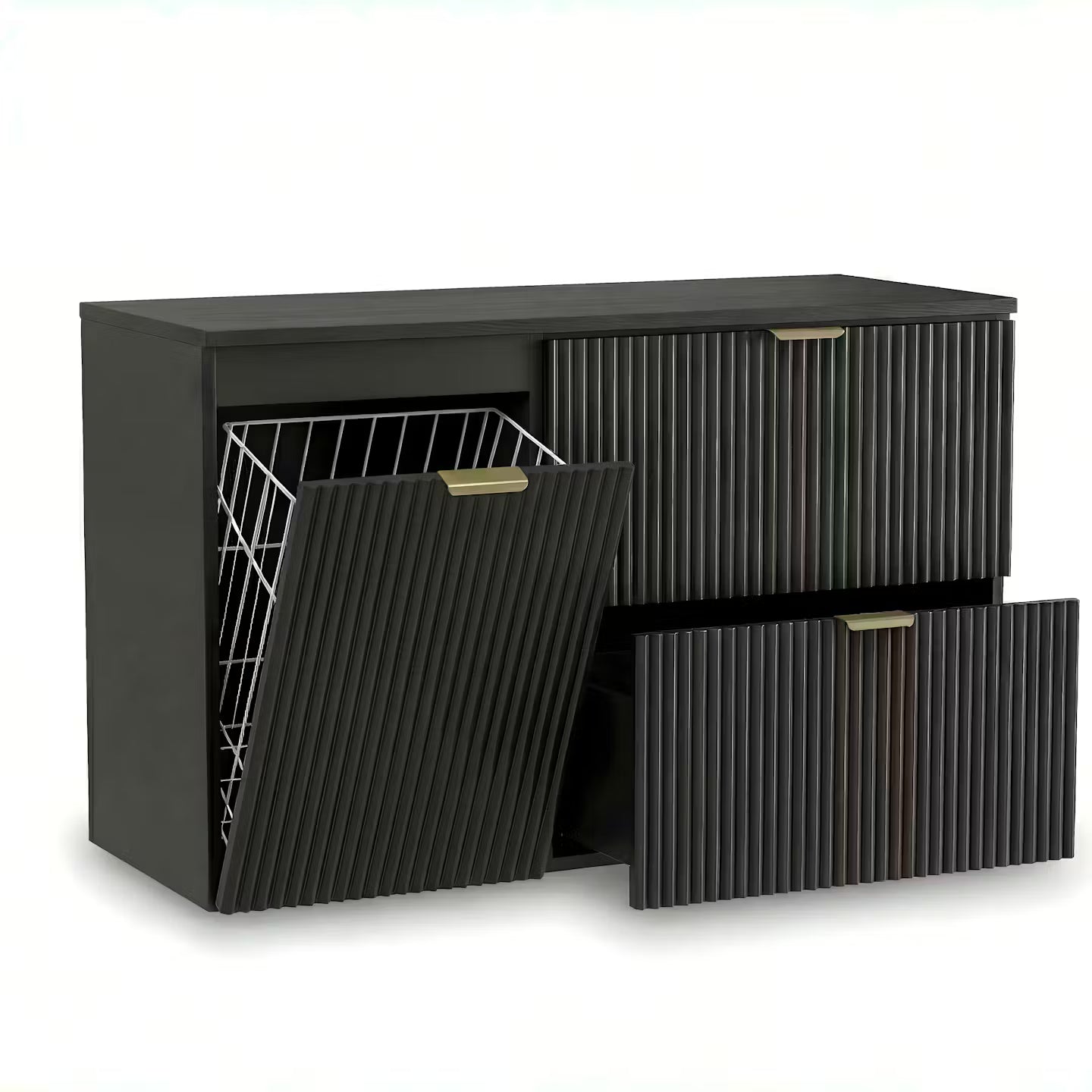 Waschtischunterschrank 100 cm Willy – Schwarz mit Wäschekorb, 60 cm Schrank mit 2 Soft-Close-Schubladen, 40 cm Schrank mit integriertem Wäschekorb, geriffelte Fronten, goldene Metallgriffe, Korpus und Platte aus laminierter Spanplatte 18 mm, eleganter Stauraum für modernes Badezimmer.