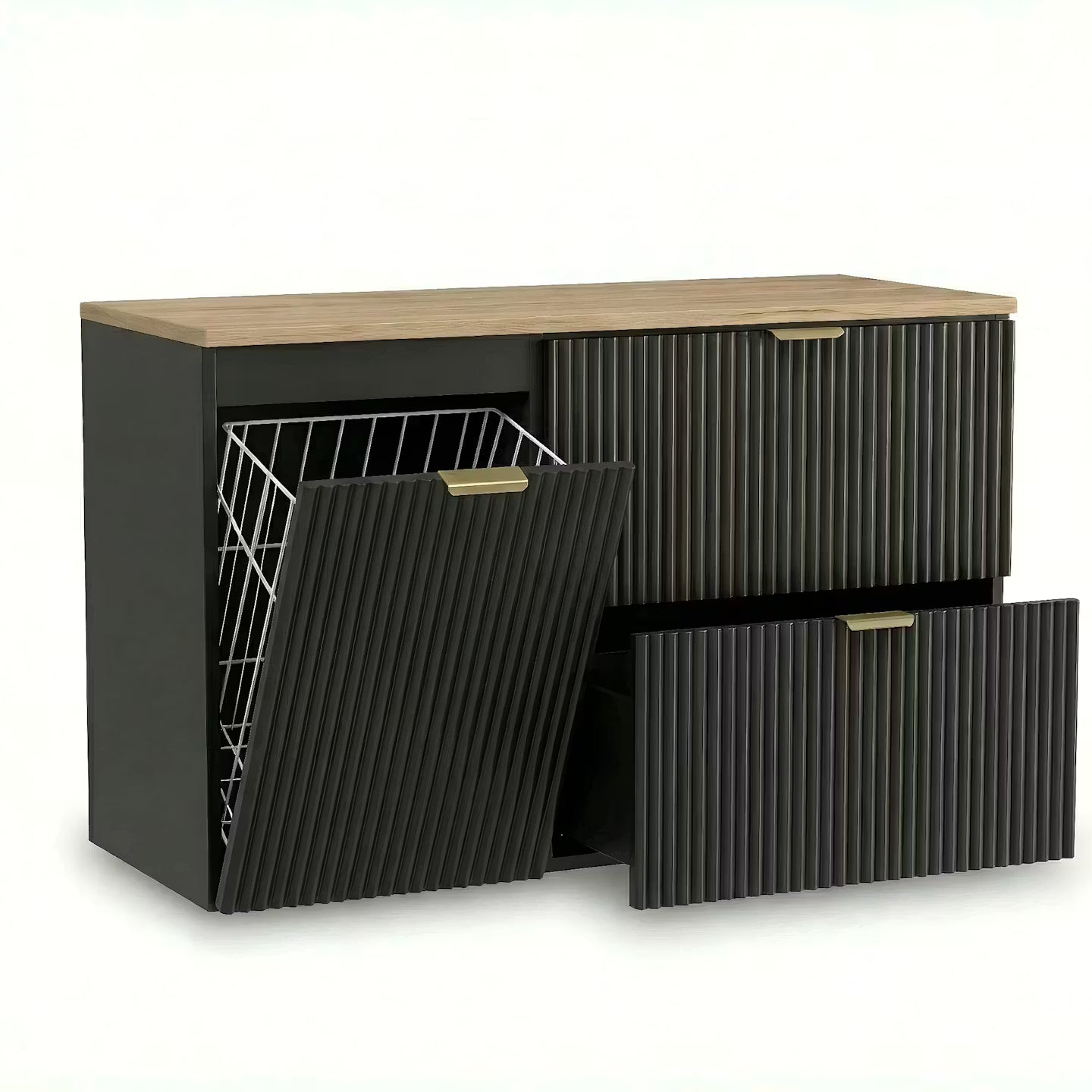 Waschtischunterschrank 100 cm Willy – Schwarz mit Walnussplatte, 60 cm Schrank mit 2 Soft-Close-Schubladen, 40 cm Schrank mit integriertem Wäschekorb, geriffelte Fronten, goldene Metallgriffe, Korpus und Platte aus laminierter MDF 18 mm, eleganter Stauraum für modernes Badezimmer.