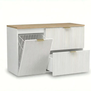 Waschtischunterschrank 100 cm Willy in Weiß mit Walnussplatte, 60 cm Schubladenschrank mit 2 Soft-Close-Schubladen, 40 cm Schrank mit integriertem Wäschekorb, geriffelte Fronten und metalowe uchwyty, ideal für modernes Badezimmer.