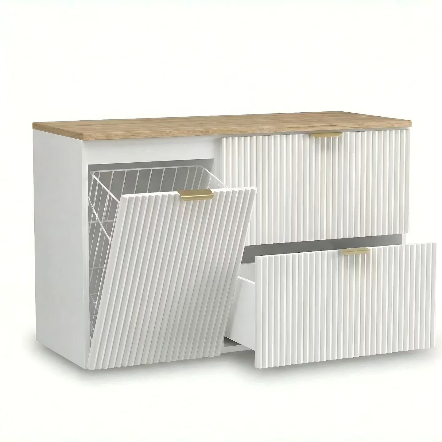 Waschtischunterschrank 100 cm Willy in Weiß mit Walnussplatte, 60 cm Schubladenschrank mit 2 Soft-Close-Schubladen, 40 cm Schrank mit integriertem Wäschekorb, geriffelte Fronten und metalowe uchwyty, ideal für modernes Badezimmer.