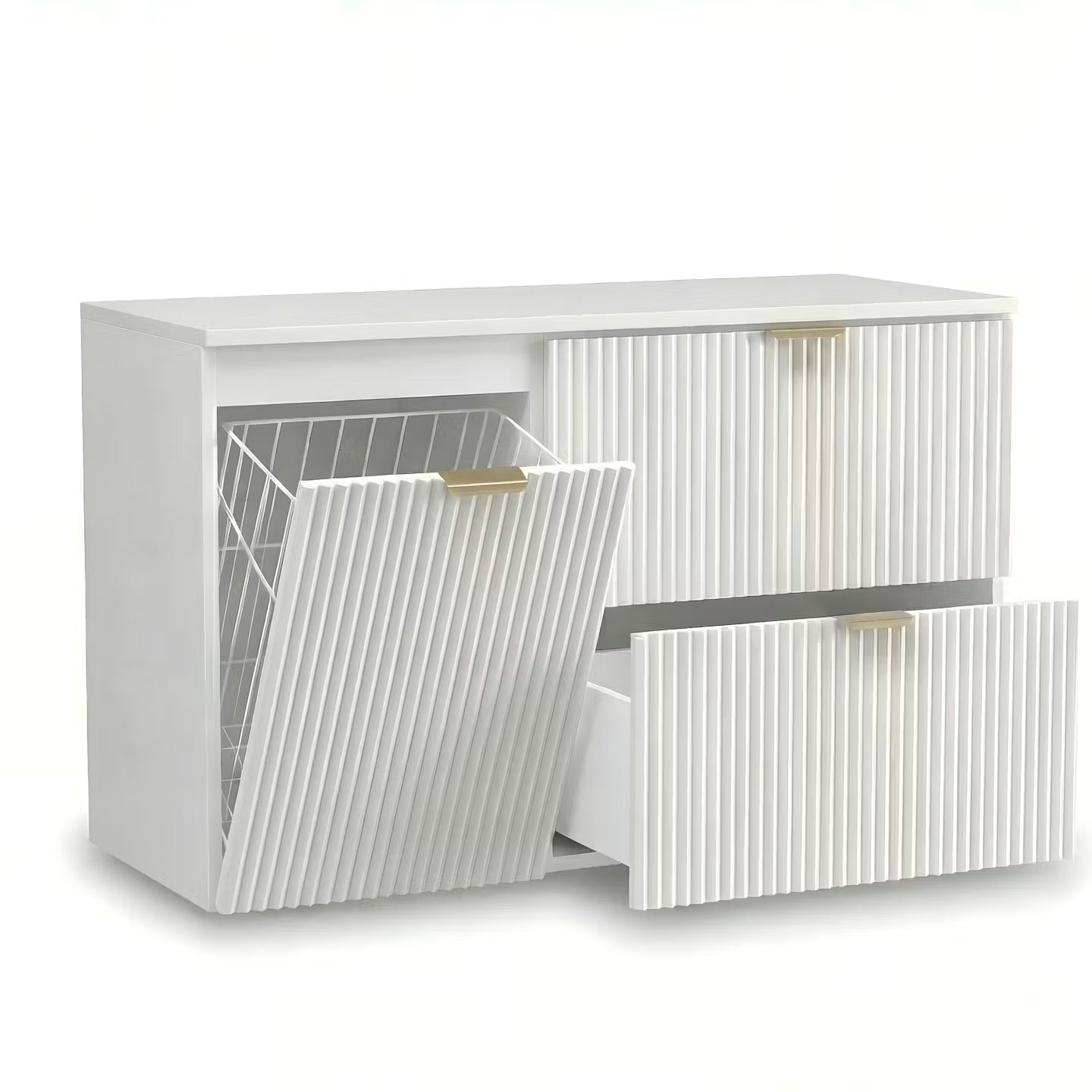 Waschtischunterschrank 100 cm Willy in Weiß mit Wäschekorb, 2 Schubladen, geriffelten Fronten und goldenen Metallgriffen für das Badezimmer.