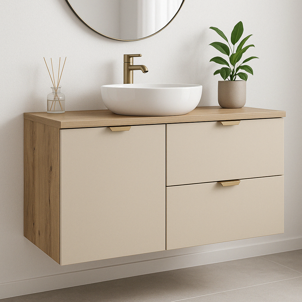 Waschtischunterschrank 100 cm Orio Kaschmir/Eiche Artisan mit Wäschekorb, zwei SOFT-CLOSE-Schubladen, goldenen Griffen und integriertem Waschbecken – modernes Badezimmermöbel.
