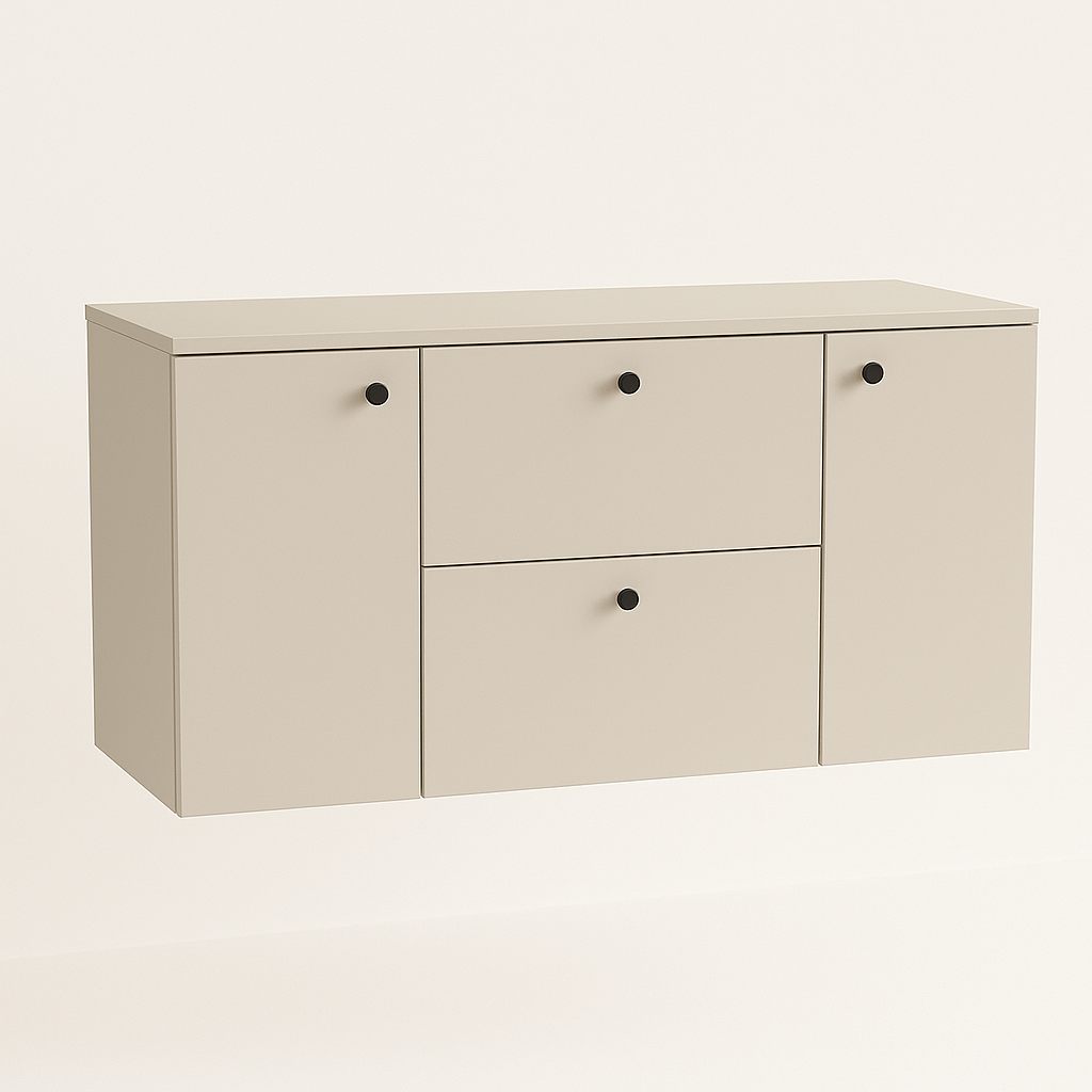 Moderner Waschtischunterschrank 120 cm in Kaschmir, Modell Beti, mit 2 Türen und 2 Schubladen – eleganter Unterschrank für Waschbecken, ideal für stilvolle Badmöbel und Badgestaltung.