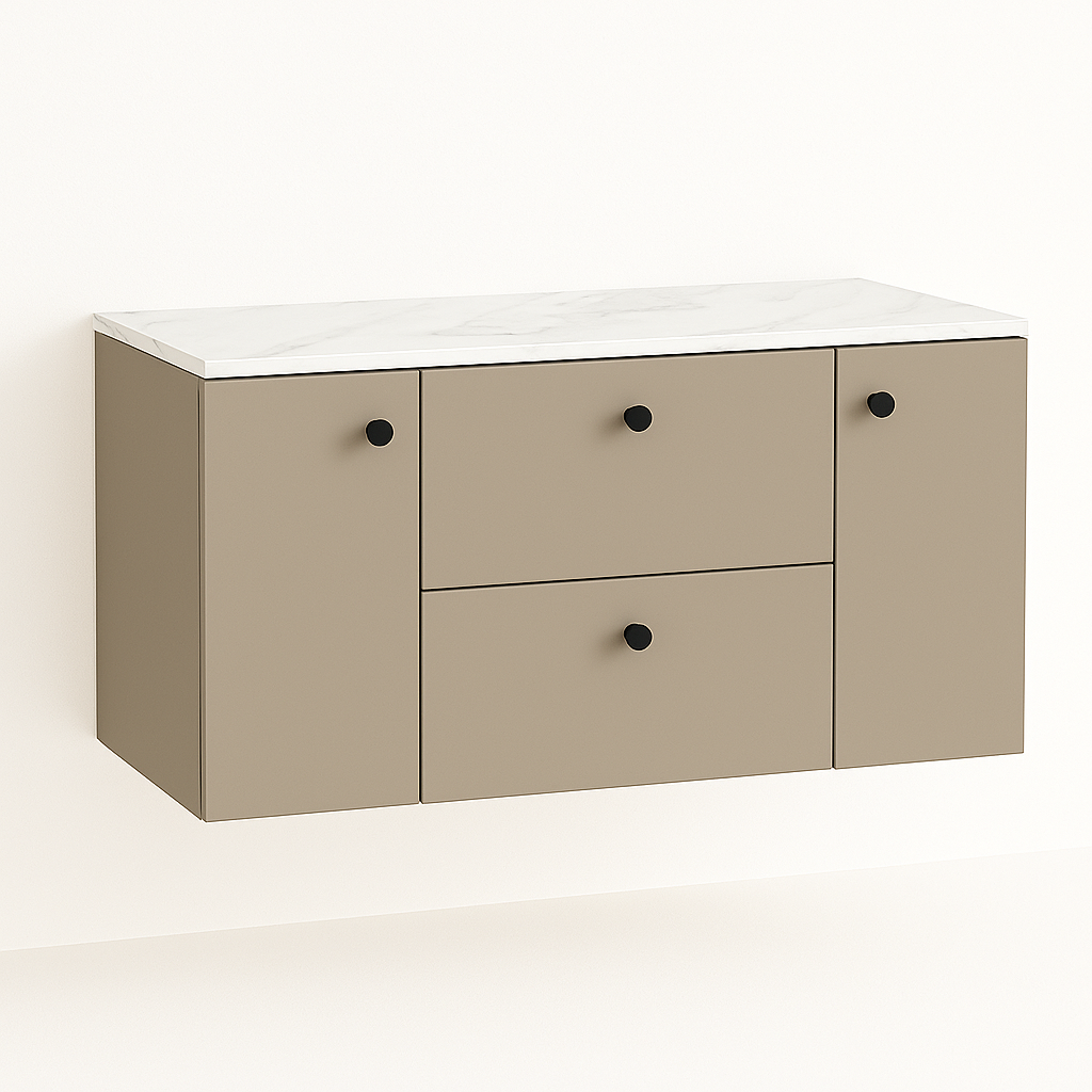 Waschtischunterschrank 120 cm in Cappuccino mit Marmor Bianco Platte – Modell Beti mit 2 Türen und 2 Schubladen, moderner Badunterschrank in Beige mit edler Marmoroptik-Waschtischplatte.