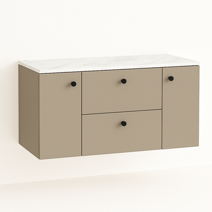 Waschtischunterschrank 120 cm in Cappuccino mit Marmor Bianco Platte – Modell Beti mit 2 Türen und 2 Schubladen, moderner Badunterschrank in Beige mit edler Marmoroptik-Waschtischplatte.