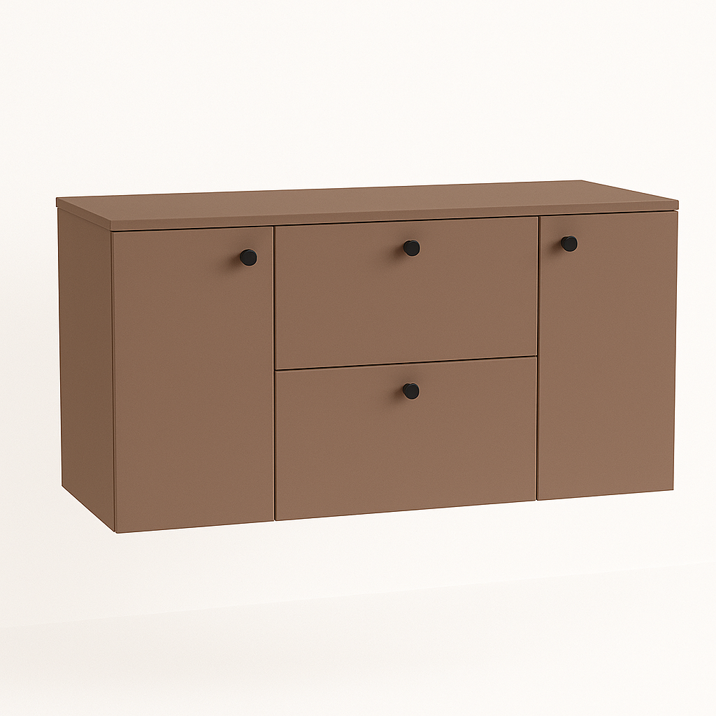 Waschtischunterschrank 120 cm in Dunkelrosa – Modell Beti mit 2 Türen und 2 Schubladen, moderner Badunterschrank in Rosé-Ton für stilvolle Badezimmergestaltung.