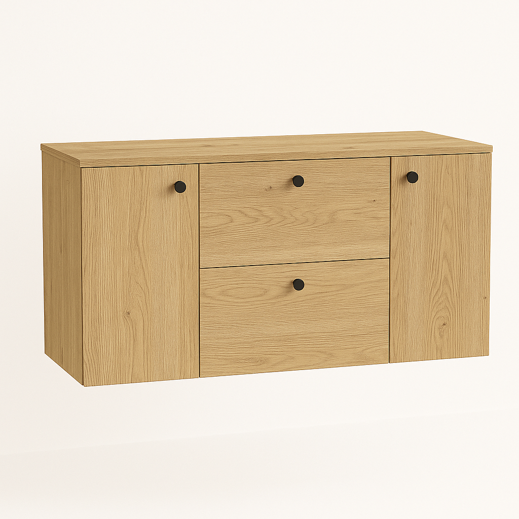Waschtischunterschrank 120 cm in Eiche Cremona – Modell Beti mit 2 Türen und 2 Schubladen, eleganter Badunterschrank in natürlicher Holzoptik für moderne Badezimmer.
