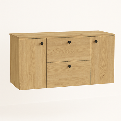 Waschtischunterschrank 120 cm in Eiche Cremona – Modell Beti mit 2 Türen und 2 Schubladen, eleganter Badunterschrank in natürlicher Holzoptik für moderne Badezimmer.