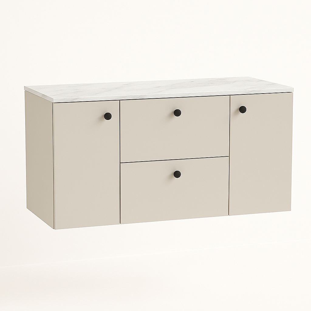 Waschtischunterschrank 120 cm in Kaschmir mit Marmor Bianco Platte – Modell Beti mit 2 Türen und 2 Schubladen, moderner Badunterschrank in elegantem Beige mit weißer Marmor-Waschtischplatte.
