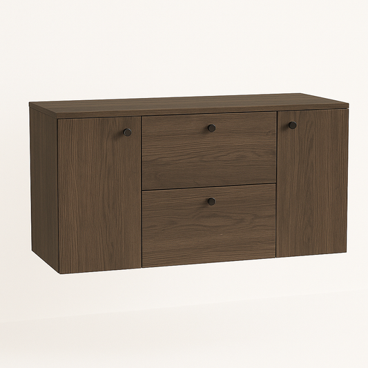 Waschtischunterschrank 120 cm in Walnuss Dunkel, Modell Beti, mit 2 Türen und 2 Schubladen – stilvoller Badunterschrank aus Holzoptik für moderne Badezimmer.