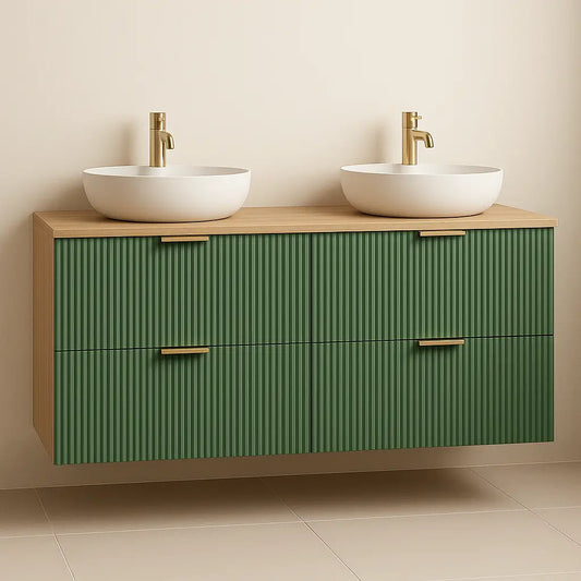 Waschtischunterschrank Willy mit 4 Schubladen, 120 cm, in Grün/Walnuss, passt perfekt zu minimalistischen Badezimmerdesigns.