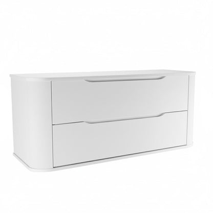Großer weißer Waschtischunterschrank Luma 120 cm, Korpus und Platte modern abgerundet, zwei breite Schubladen für ein exklusives Badezimmer-Ambiente.