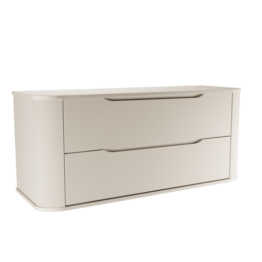 Großer Waschtischunterschrank Luma 120 cm in Kaschmir Matt, modern abgerundet (Korpus und Platte), mit zwei breiten Schubladen für exklusives Baddesign.