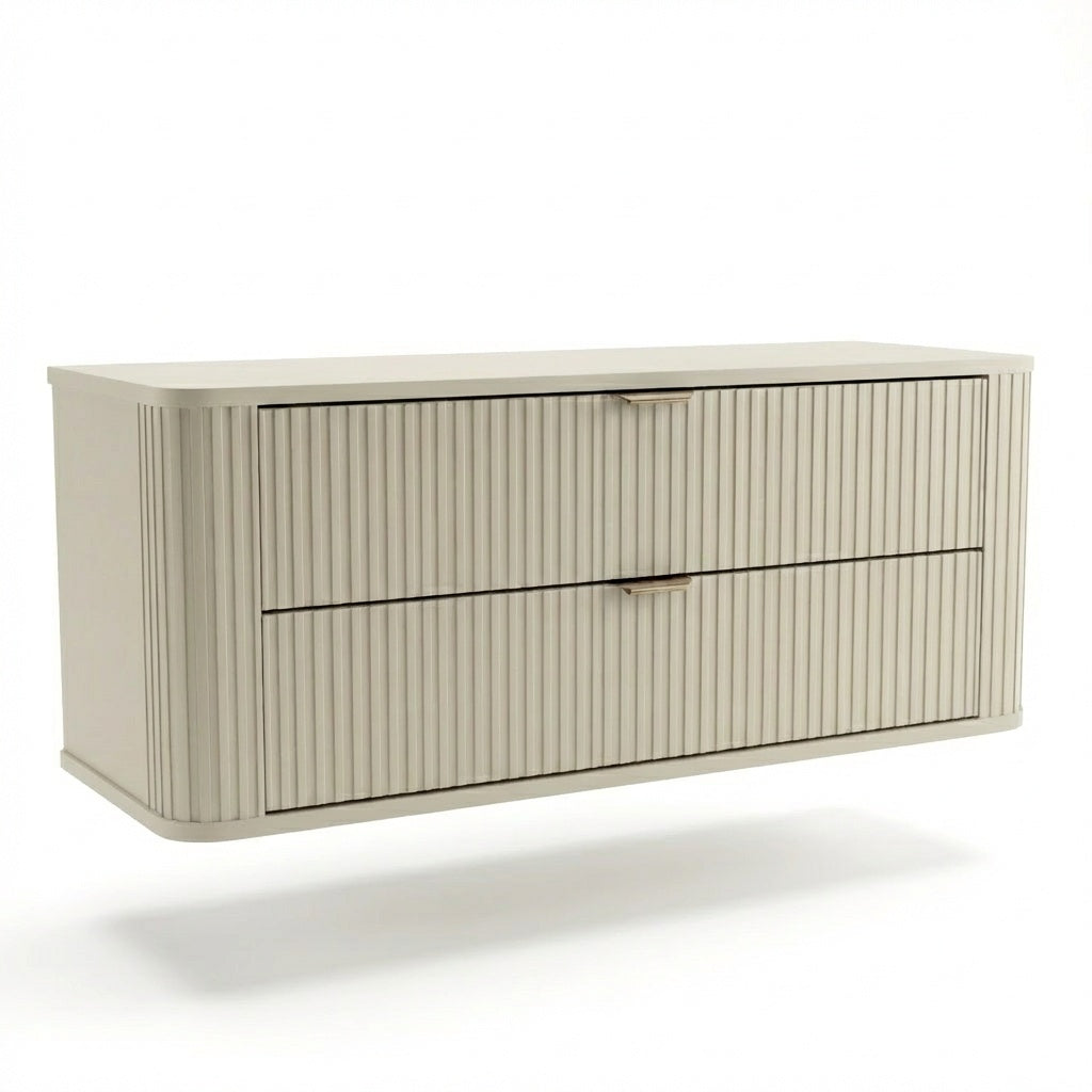 Waschtischunterschrank Selvea 120 cm in Kaschmir mit geriffelten MDF-Fronten, gebürsteten goldfarbenen Metallgriffen, abgerundeten Kanten und geräumigen Schubladen, elegantes und großzügiges Badezimmermöbel.