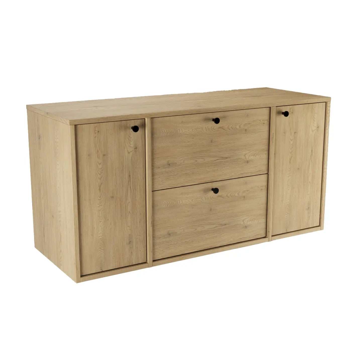Waschtischunterschrank Belino 120 cm Eiche Cremona mit 2 Türen, 2 SOFT-CLOSE-Schubladen, glatten Fronten und 120 cm Oberplatte.