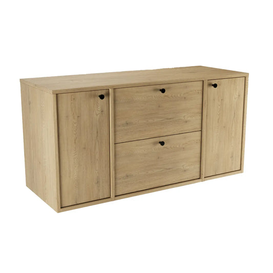 Waschtischunterschrank Belino 120 cm Eiche Cremona mit 2 Türen, 2 SOFT-CLOSE-Schubladen, glatten Fronten und 120 cm Oberplatte.