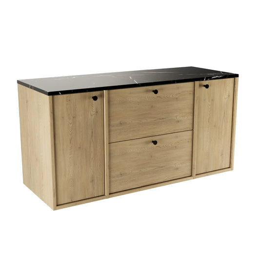 Waschtischunterschrank Belino 120 cm Eiche Cremona mit 2 Türen, 2 SOFT-CLOSE-Schubladen, glatten Fronten und Marmor Schwarz-Oberplatte.