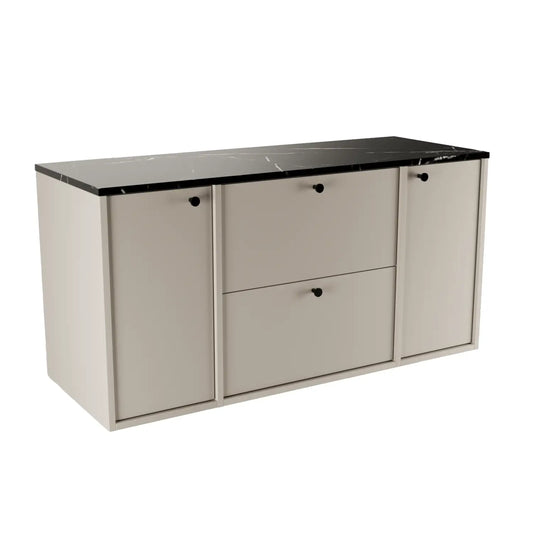 Waschtischunterschrank Belino 120 cm Kaschmir mit glatten Fronten, 2 Türen, 2 SOFT-CLOSE-Schubladen und Oberplatte in Marmor Bianco.
