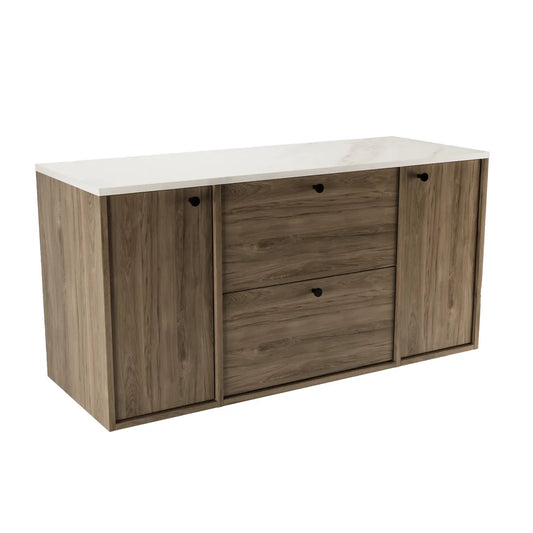Waschtischunterschrank Belino 120 cm Walnuss Dunkel mit glatten Fronten, 2 Türen, 2 SOFT-CLOSE-Schubladen und Marmor Bianco-Oberplatte.