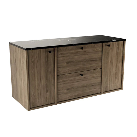 Waschtischunterschrank Belino 120 cm Walnuss Dunkel mit glatten Fronten, 2 Türen, 2 SOFT-CLOSE-Schubladen und Marmor Schwarz-Oberplatte.