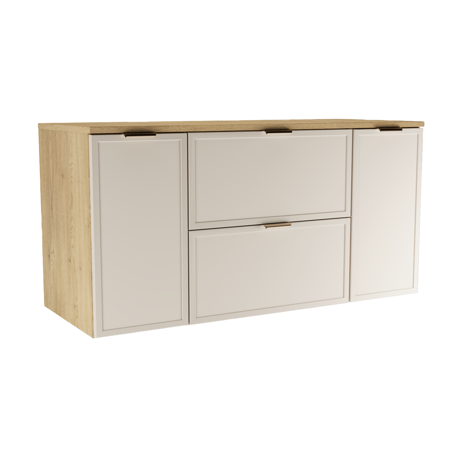 Waschtischunterschrank 120 cm Roma Kaschmir/Eiche Cremona mit Türen und Schubladen, Soft-Close und MDF-Fronten für Badezimmer