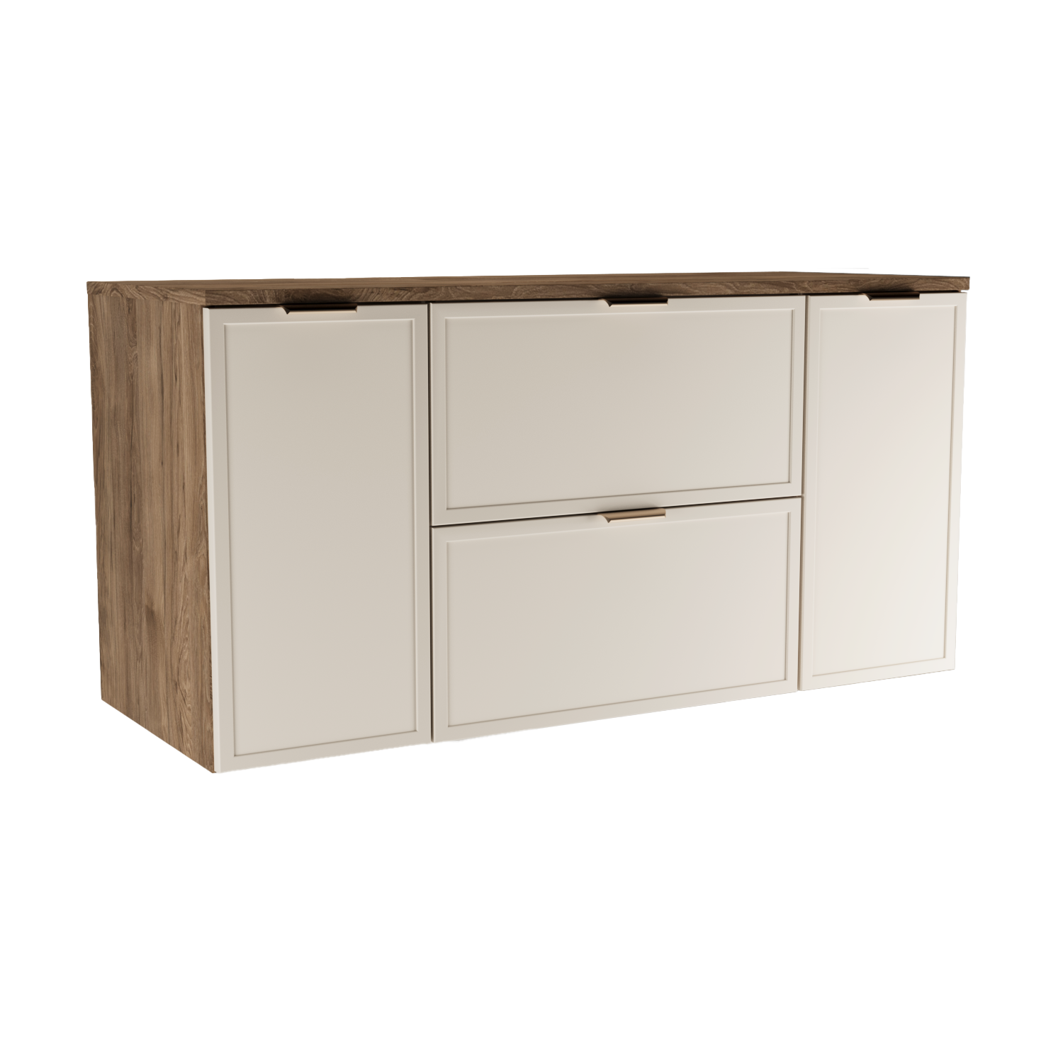 Waschtischunterschrank 120 cm Roma Kaschmir/Walnuss Dunkel mit Türen und Schubladen, Soft-Close für Badezimmer