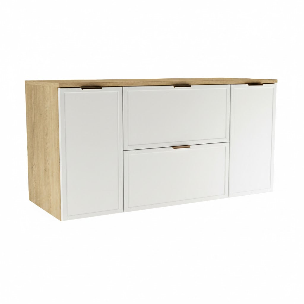 Weißer Waschtischunterschrank 120 cm Roma mit 2 Schubladen und 2 Seitenschränken. Fronten mit Rahmenfräsung, Korpus und Platte in Eiche Cremona.