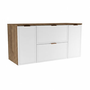 Waschtischunterschrank 120 cm Roma in Weiß / Walnuss Dunkel mit 2 Schubladen und 2 Seitenschränken. Elegantes Design mit Soft-Close-System.